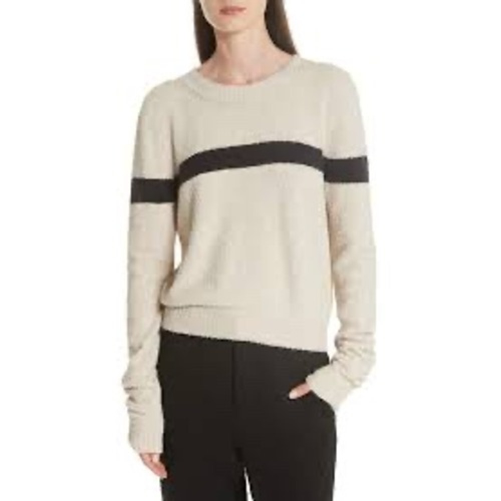 Vince Womens Boucle Knit Striped Crewneck Sweater Beige Black Size Large L